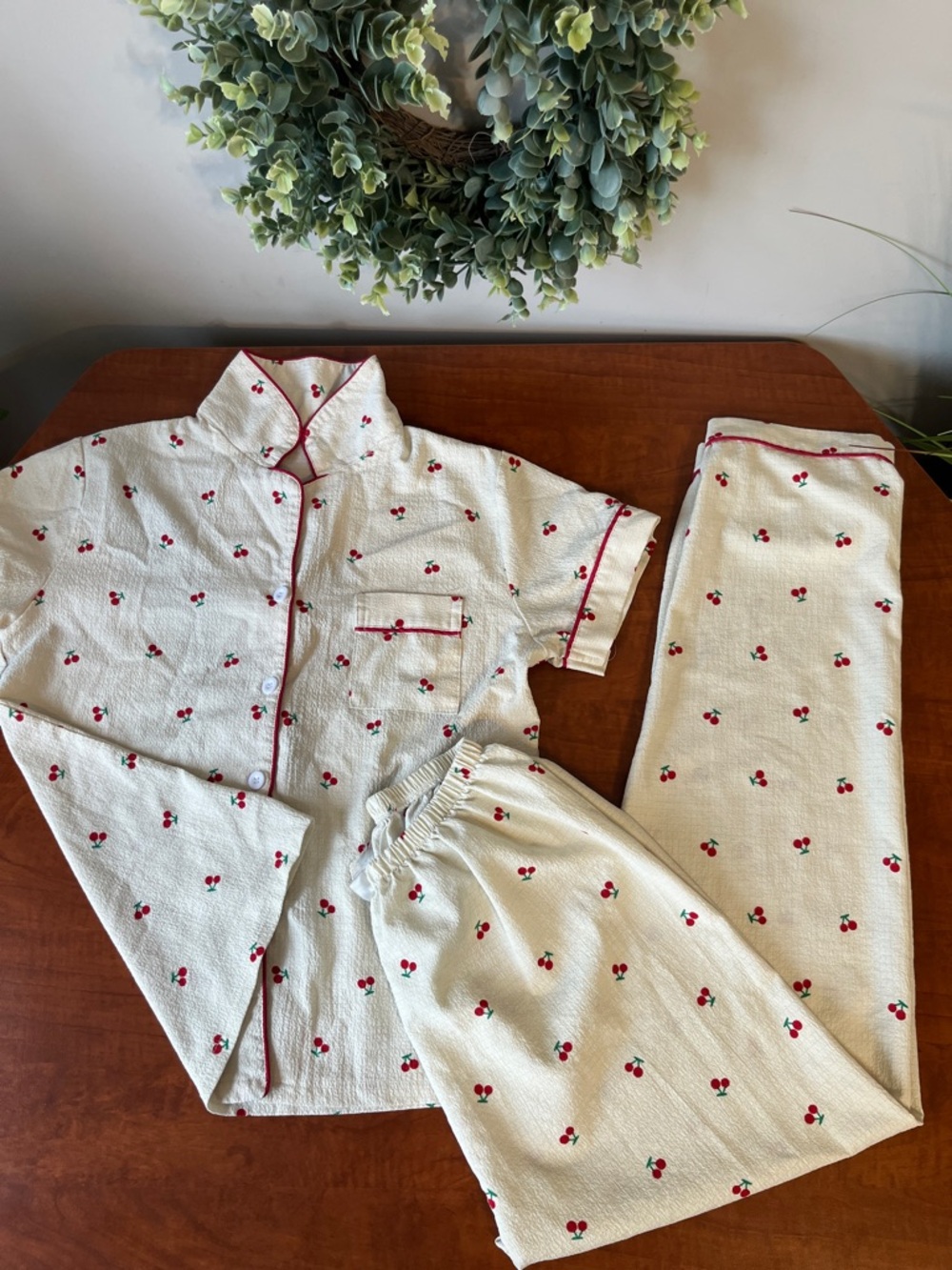 🍒 Cherry Print Pajama Set Red Piping Short Sleeve Button Top Drawstring Pants - Picture 10 of 11
